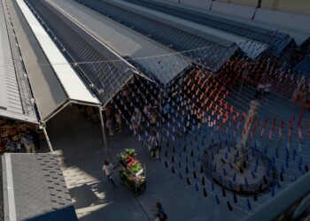 Resíduos da indústria têxtil transformam-se em pérgula suspensa no mercado mais famoso do Porto